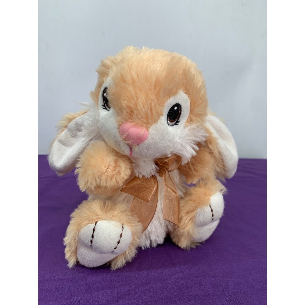 Dan Dee 8” Tan and White Bunny caramel bow. Embroidered eyes flocked nose